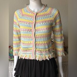Stella McCartney Kids 100% Cotton Crochet eyelet Cardigan Rainbow Pastel Size 8Y